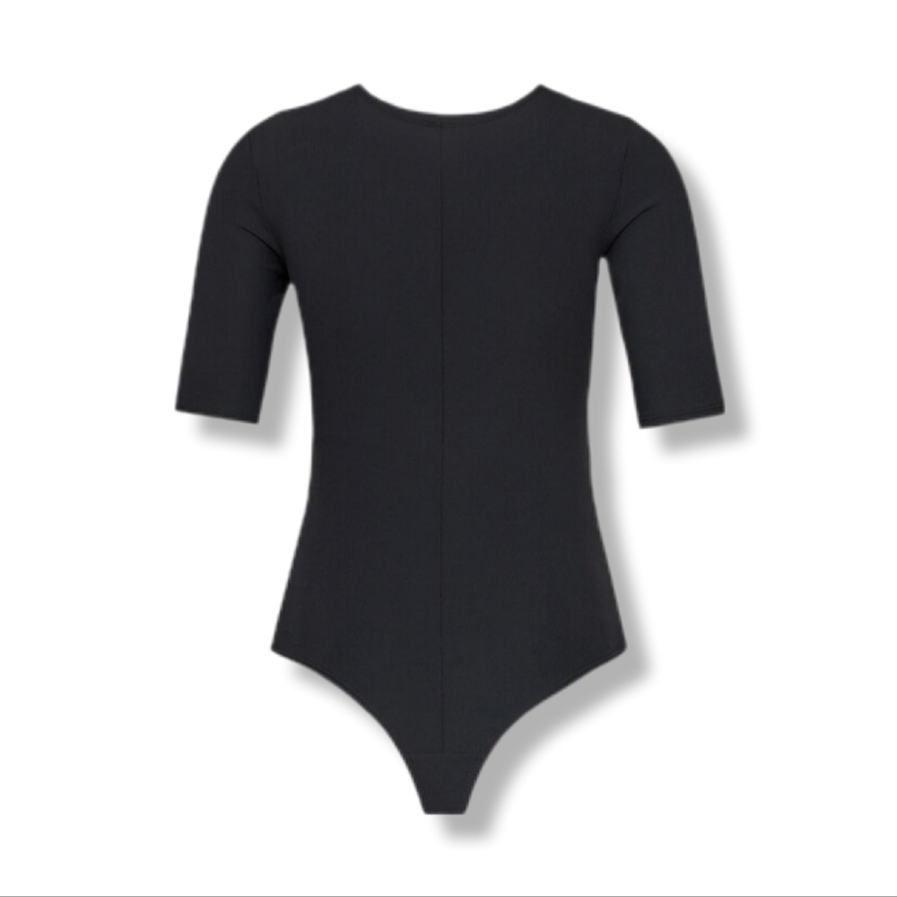 Spanx Women's XL Suit Yourself Black Ribbed Short Sleeve Bodysuit
